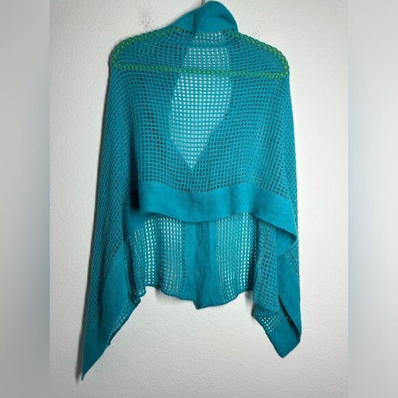 Fishnet Knit Button Up Cardishawl, Teal, Blue, OS - Picture 4 of 12